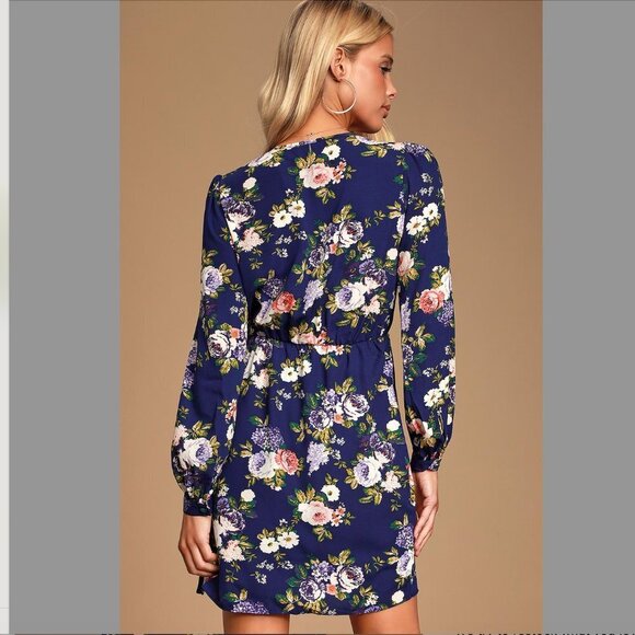 Women's XS Lulus That's a Wrap Navy Blue Floral Print Dress Long Sleeve - Picture 3 of 12